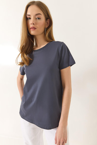 %100 Organik Pamuklu Comfort Fit Arkası Uzun Basic T-shirt 60602049 - Antrasit