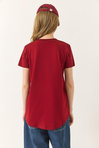 %100 Organik Pamuklu Comfort Fit Arkası Uzun Basic T-shirt 60602049 - Bordo