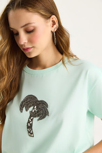 %100 Pamuk Bisiklet Yaka Palmiye Taş Aksesuarlı Rahat Kalıp T-Shirt 60602067 - Su Yeşili