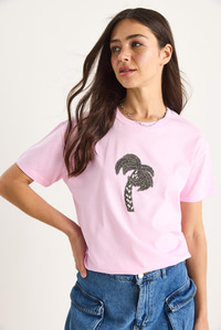 %100 Pamuk Bisiklet Yaka Palmiye Taş Aksesuarlı Rahat Kalıp T-Shirt 60602067 - Şeker Pembe