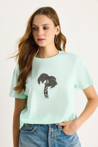 %100 Pamuk Bisiklet Yaka Palmiye Taş Aksesuarlı Rahat Kalıp T-Shirt 60602067 - Su Yeşili