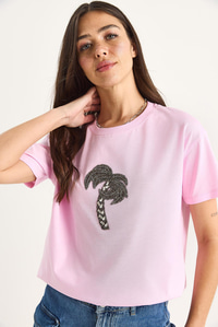 %100 Pamuk Bisiklet Yaka Palmiye Taş Aksesuarlı Rahat Kalıp T-Shirt 60602067 - Şeker Pembe