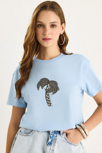 %100 Pamuk Bisiklet Yaka Palmiye Taş Aksesuarlı Rahat Kalıp T-Shirt 60602067 - Bebe Mavisi
