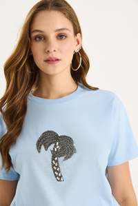 %100 Pamuk Bisiklet Yaka Palmiye Taş Aksesuarlı Rahat Kalıp T-Shirt 60602067 - Bebe Mavisi