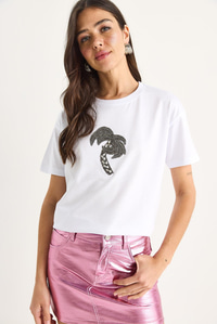 %100 Pamuk Bisiklet Yaka Palmiye Taş Aksesuarlı Rahat Kalıp T-Shirt 60602067 - Beyaz