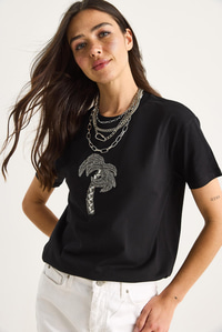 %100 Pamuk Bisiklet Yaka Palmiye Taş Aksesuarlı Rahat Kalıp T-Shirt 60602067 - Siyah