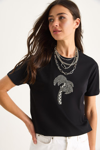 %100 Pamuk Bisiklet Yaka Palmiye Taş Aksesuarlı Rahat Kalıp T-Shirt 60602067 - Siyah