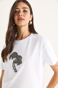 %100 Pamuk Bisiklet Yaka Palmiye Taş Aksesuarlı Rahat Kalıp T-Shirt 60602067 - Beyaz