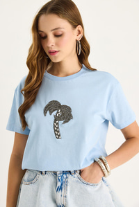 %100 Pamuk Bisiklet Yaka Palmiye Taş Aksesuarlı Rahat Kalıp T-Shirt 60602067 - Bebe Mavisi