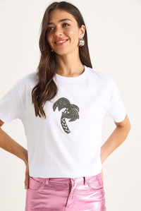 %100 Pamuk Bisiklet Yaka Palmiye Taş Aksesuarlı Rahat Kalıp T-Shirt 60602067 - Beyaz