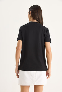 %100 Pamuk Bisiklet Yaka Palmiye Taş Aksesuarlı Rahat Kalıp T-Shirt 60602067 - Siyah