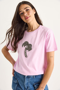 %100 Pamuk Bisiklet Yaka Palmiye Taş Aksesuarlı Rahat Kalıp T-Shirt 60602067 - Şeker Pembe