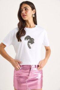 %100 Pamuk Bisiklet Yaka Palmiye Taş Aksesuarlı Rahat Kalıp T-Shirt 60602067 - Beyaz