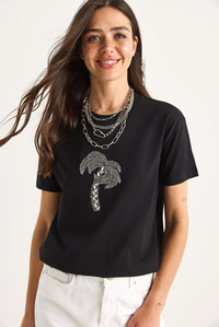 %100 Pamuk Bisiklet Yaka Palmiye Taş Aksesuarlı Rahat Kalıp T-Shirt 60602067 - Siyah