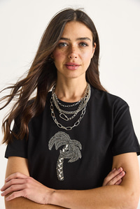 %100 Pamuk Bisiklet Yaka Palmiye Taş Aksesuarlı Rahat Kalıp T-Shirt 60602067 - Siyah