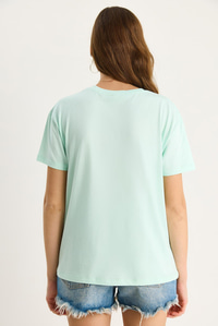%100 Pamuk Bisiklet Yaka Palmiye Taş Aksesuarlı Rahat Kalıp T-Shirt 60602067 - Su Yeşili