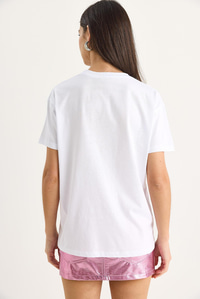 %100 Pamuk Bisiklet Yaka Palmiye Taş Aksesuarlı Rahat Kalıp T-Shirt 60602067 - Beyaz