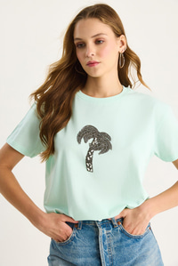%100 Pamuk Bisiklet Yaka Palmiye Taş Aksesuarlı Rahat Kalıp T-Shirt 60602067 - Su Yeşili