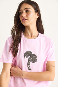 %100 Pamuk Bisiklet Yaka Palmiye Taş Aksesuarlı Rahat Kalıp T-Shirt 60602067 - Şeker Pembe
