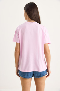 %100 Pamuk Bisiklet Yaka Palmiye Taş Aksesuarlı Rahat Kalıp T-Shirt 60602067 - Şeker Pembe
