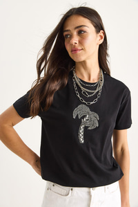 %100 Pamuk Bisiklet Yaka Palmiye Taş Aksesuarlı Rahat Kalıp T-Shirt 60602067 - Siyah