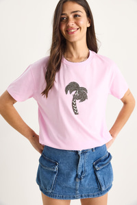 %100 Pamuk Bisiklet Yaka Palmiye Taş Aksesuarlı Rahat Kalıp T-Shirt 60602067 - Şeker Pembe