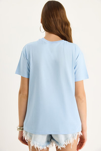 %100 Pamuk Bisiklet Yaka Palmiye Taş Aksesuarlı Rahat Kalıp T-Shirt 60602067 - Bebe Mavisi