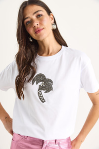 %100 Pamuk Bisiklet Yaka Palmiye Taş Aksesuarlı Rahat Kalıp T-Shirt 60602067 - Beyaz