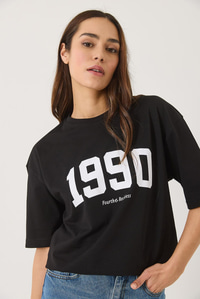 1990 Baskılı Bisiklet Yaka Kısa Kollu Oversize Basic T-Shirt 0266 60283159 - Siyah