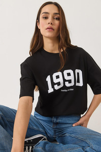 1990 Baskılı Bisiklet Yaka Kısa Kollu Oversize Basic T-Shirt 0266 60283159 - Siyah