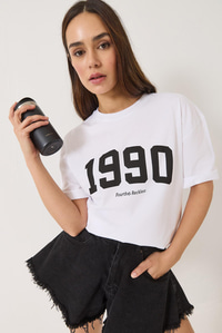 1990 Baskılı Bisiklet Yaka Kısa Kollu Oversize Basic T-Shirt 0266 60283159 - Beyaz