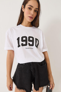 1990 Baskılı Bisiklet Yaka Kısa Kollu Oversize Basic T-Shirt 0266 60283159 - Beyaz