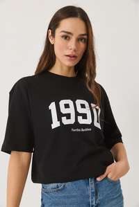 1990 Baskılı Bisiklet Yaka Kısa Kollu Oversize Basic T-Shirt 0266 60283159 - Siyah