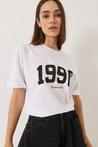 1990 Baskılı Bisiklet Yaka Kısa Kollu Oversize Basic T-Shirt 0266 60283159 - Beyaz