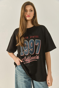1997 Baskılı Pamuklu Oversize T-Shirt 3056 60284048 - Siyah