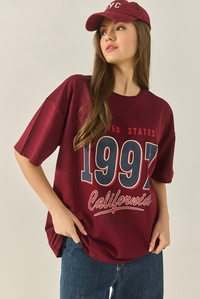 1997 Baskılı Pamuklu Oversize T-Shirt 3056 60284048 - Bordo