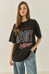 1997 Baskılı Pamuklu Oversize T-Shirt 3056 60284048 - Siyah