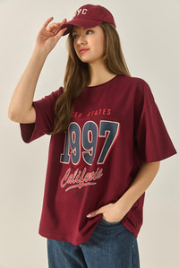 1997 Baskılı Pamuklu Oversize T-Shirt 3056 60284048 - Bordo