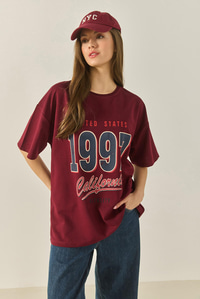 1997 Baskılı Pamuklu Oversize T-Shirt 3056 60284048 - Bordo