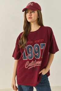 1997 Baskılı Pamuklu Oversize T-Shirt 3056 60284048 - Bordo