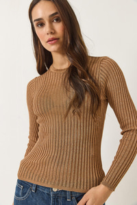 Ajurlu Bisiklet Yaka Metalik Simli Bluz 1031 60283144 - Camel