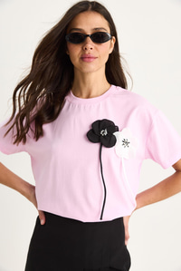 Aksesuarlı Kısa Kollu Pamuklu T-Shirt 60602041 - Pembe