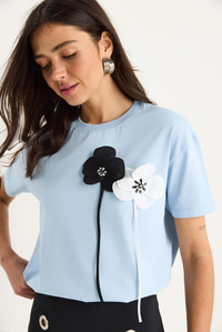 Aksesuarlı Kısa Kollu Pamuklu T-Shirt 60602041 - Mavi