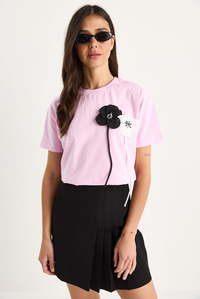 Aksesuarlı Kısa Kollu Pamuklu T-Shirt 60602041 - Pembe