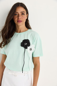 Aksesuarlı Kısa Kollu Pamuklu T-Shirt 60602041 - Mint Yeşili