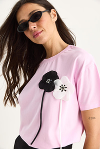 Aksesuarlı Kısa Kollu Pamuklu T-Shirt 60602041 - Pembe