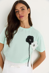 Aksesuarlı Kısa Kollu Pamuklu T-Shirt 60602041 - Mint Yeşili