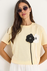 Aksesuarlı Kısa Kollu Pamuklu T-Shirt 60602041 - Tereyağ