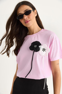 Aksesuarlı Kısa Kollu Pamuklu T-Shirt 60602041 - Pembe