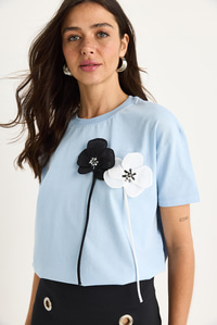 Aksesuarlı Kısa Kollu Pamuklu T-Shirt 60602041 - Mavi